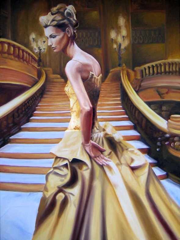 Elegant Young Lady Ascending a Staircase