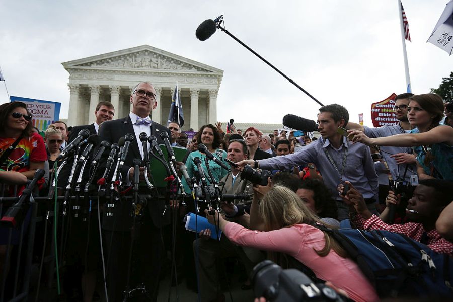 WASHINGTON, DC - JUNE 26: Plaintiff Jim Obergefell speaks to members of the media after the U.S. Supreme Court handed down a ruling regarding same-sex marriage June 26, 2015 outside the Supreme Court in Washington, DC. The high court ruled that same-sex couples have the right to marry in all 50 states. (Photo by Alex Wong/Getty Images)